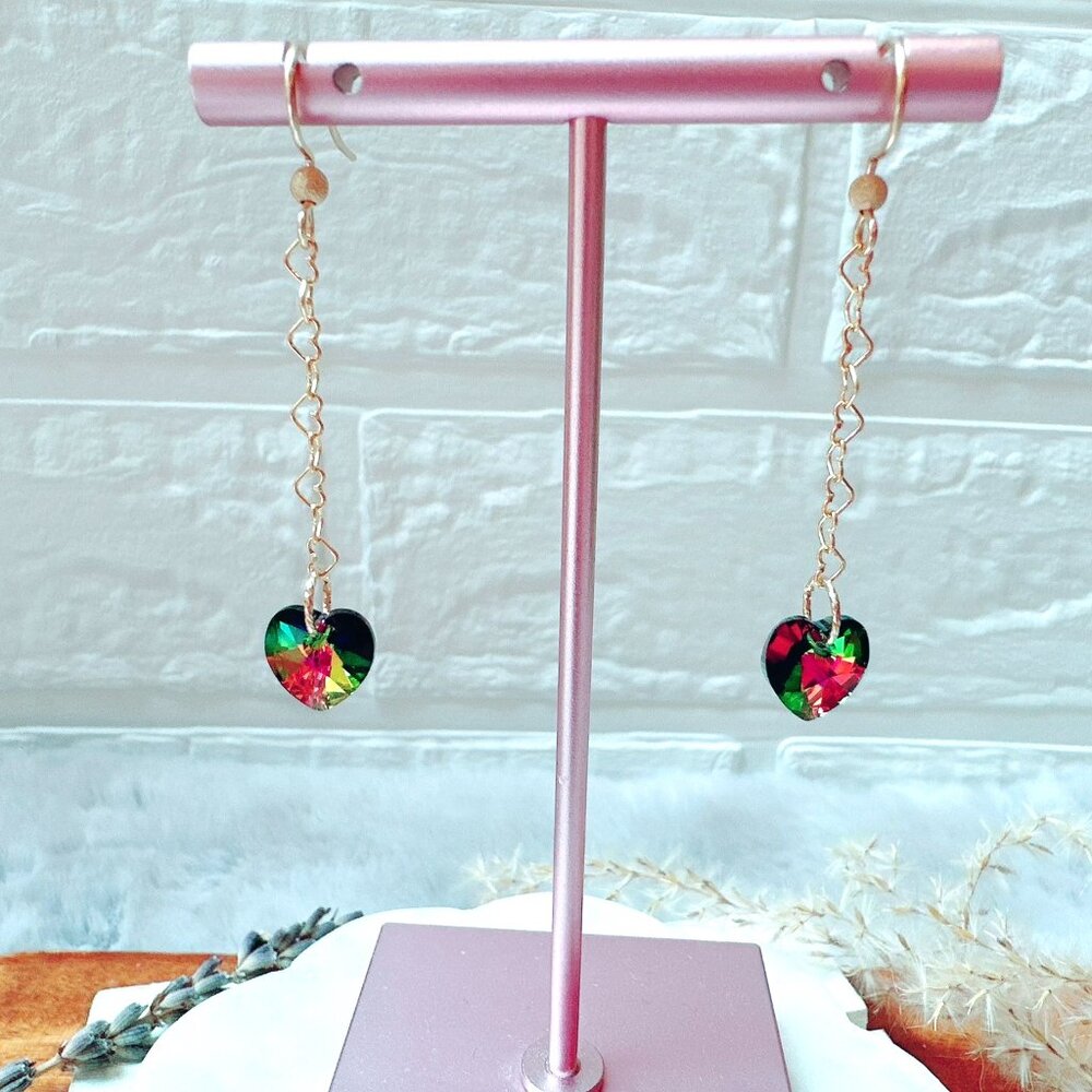 14k Gold-Filled Long Crystal Heart Chain Earrings | Handmade in BC